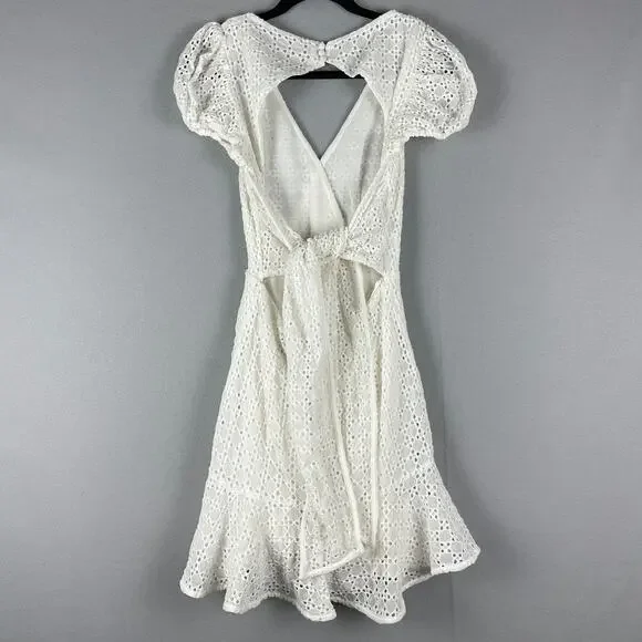 Bardot Nadia Tie Back Mini Eyelet Dress Womens 4 Ivory Ruffle Puff Sleeve NWT - Picture 12 of 16